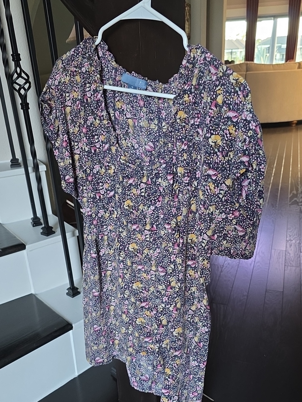 Floral Smocked Waist Puff Sleeve Dress - Pink & Yellow on Navy